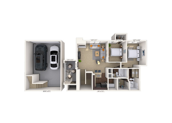 Floor plan for 2 beds, 2 baths, 1107 sqft
