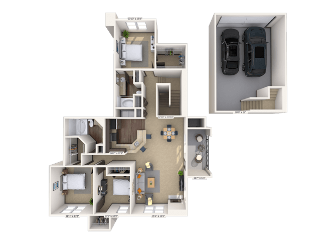 Floor plan for 3 beds, 2 baths, 1624 sqft