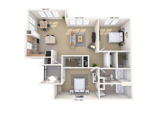 Floor plan for 2 beds, 2 baths, 1147 sqft