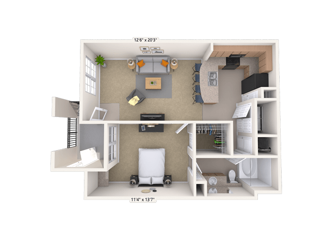 Floor plan for 1 bed, 1 bath, 712 sqft