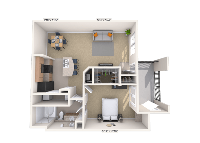 Floor plan for 1 bed, 1 bath, 769 sqft