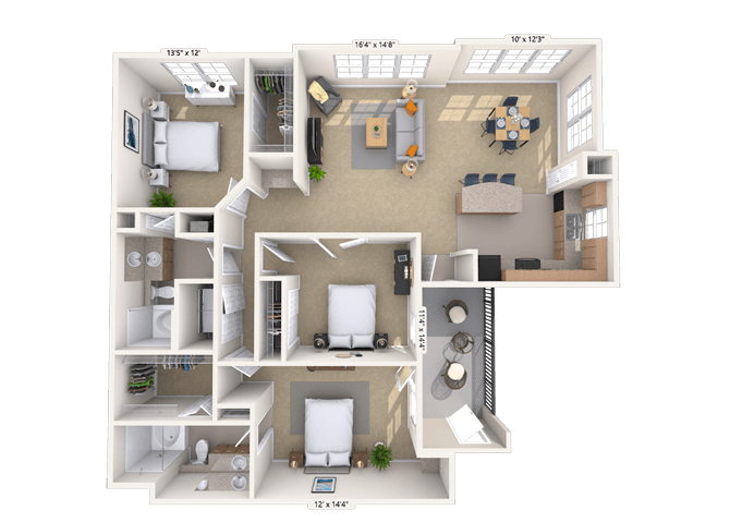 Floor plan for 3 beds, 2 baths, 1419 sqft