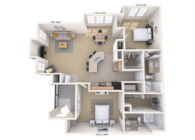 Floor plan for 2 beds, 2 baths, 1260 sqft