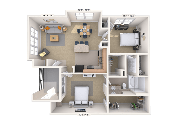 Floor plan for 2 beds, 1 bath, 985 sqft