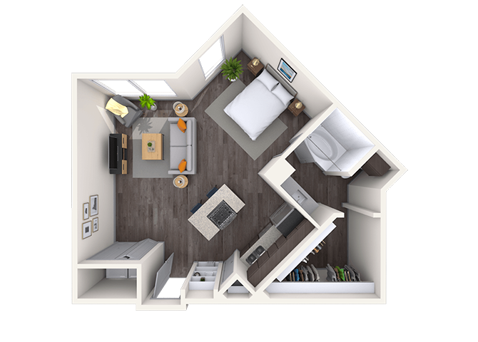 Floor plan for studio, 1 bath, 667 sqft