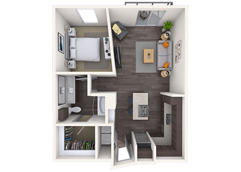 Floor plan for 1 bed, 1 bath, 718 sqft