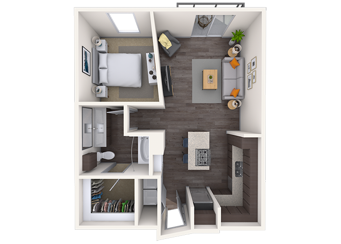 Floor plan for 1 bed, 1 bath, 718 sqft