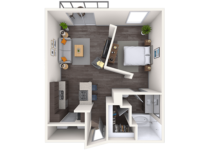 Floor plan for 1 bed, 1 bath, 757 sqft