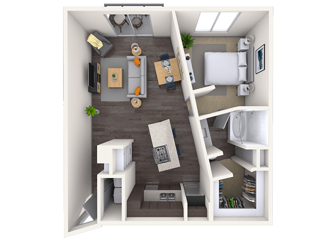 Floor plan for 1 bed, 1 bath, 873 sqft