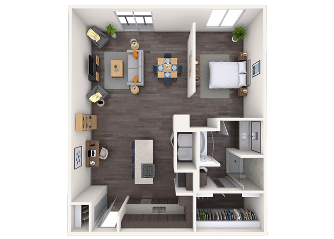 Floor plan for 1 bed, 1 bath, 1053 sqft