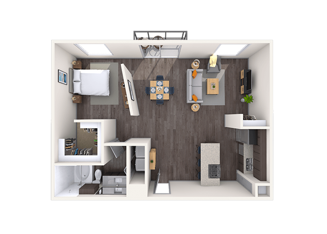 Floor plan for 1 bed, 1 bath, 877 sqft