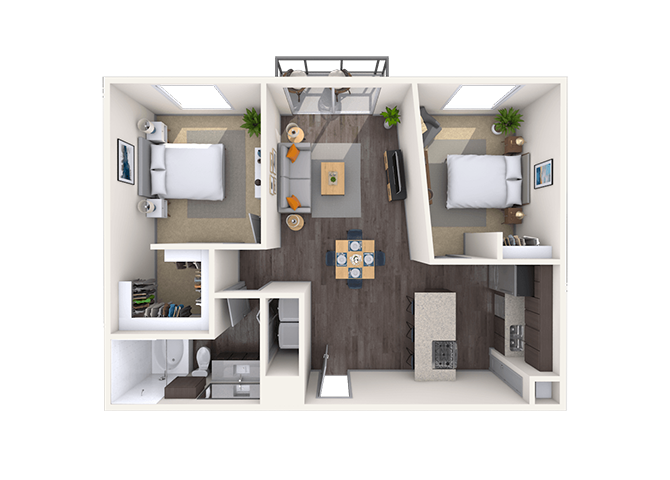 Floor plan for 1 bed, 1 bath, 877 sqft
