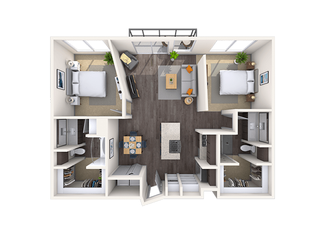 Floor plan for 2 beds, 2 baths, 1091 sqft