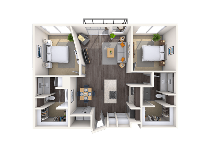 Floor plan for 2 beds, 2 baths, 1091 sqft