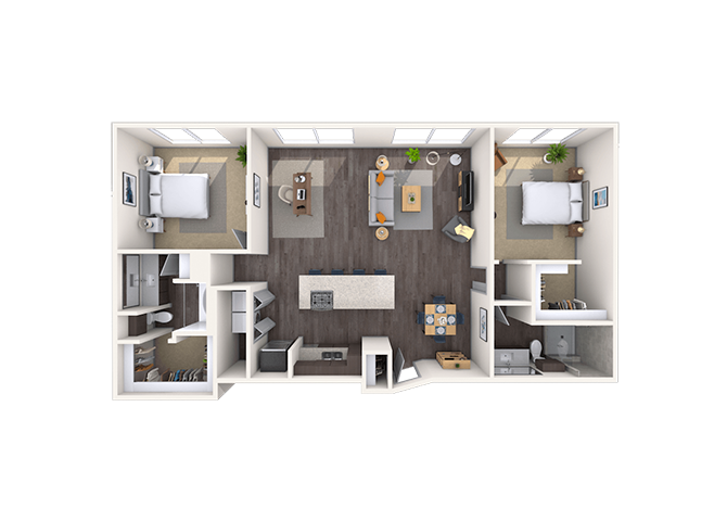 Floor plan for 2 beds, 2 baths, 1257 sqft