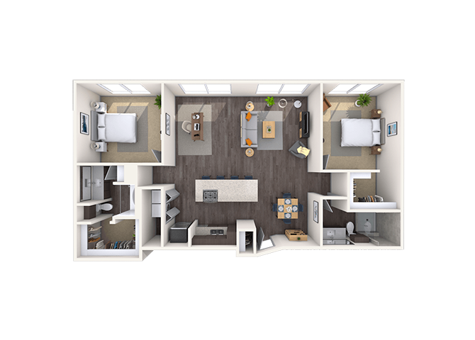 Floor plan for 2 beds, 2 baths, 1257 sqft