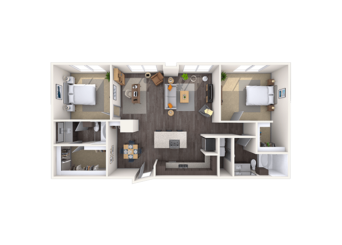 Floor plan for 2 beds, 2 baths, 1275 sqft