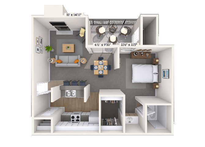 Floor plan for 1 bed, 1 bath, 652 sqft