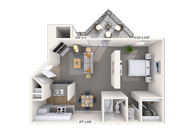 Floor plan for 1 bed, 1 bath, 665 sqft
