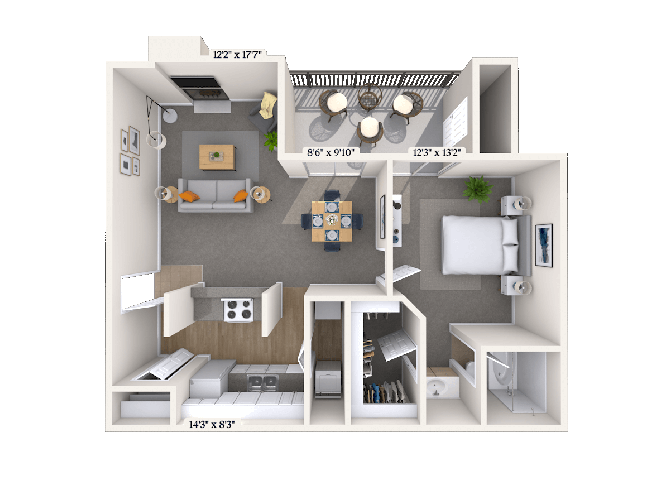 Floor plan for 1 bed, 1 bath, 817 sqft