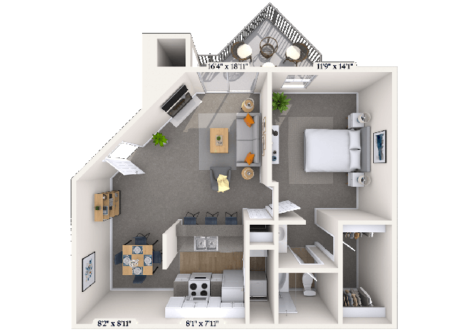 Floor plan for 1 bed, 1 bath, 750 sqft