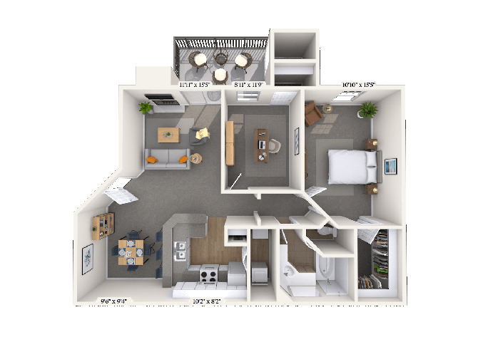Floor plan for 1 bed, 1 bath, 850 sqft