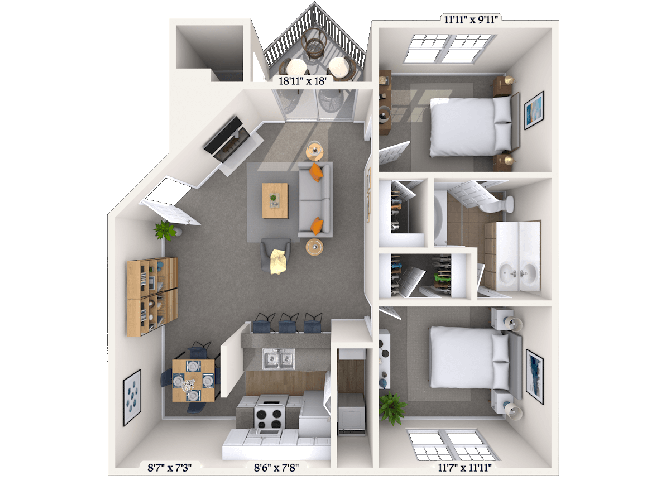 Floor plan for 2 beds, 1 bath, 900 sqft
