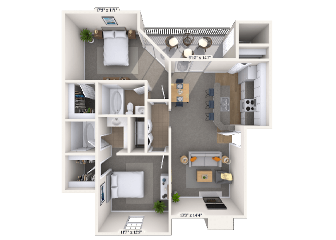 Floor plan for 2 beds, 2 baths, 1030 sqft
