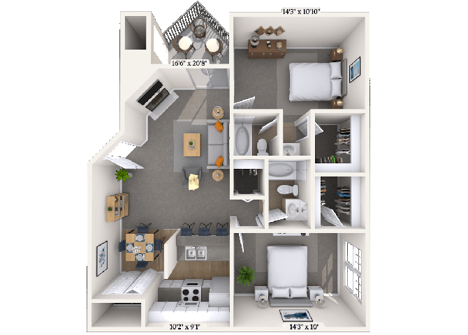 Floor plan for 2 beds, 2 baths, 1030 sqft