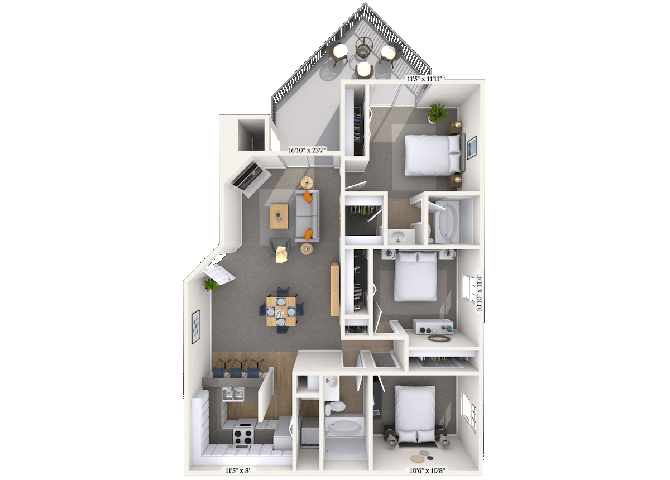 Floor plan for 3 beds, 2 baths, 1264 sqft