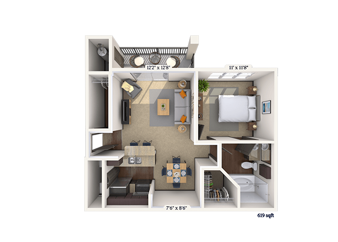 Floor plan for 1 bed, 1 bath, 619 sqft