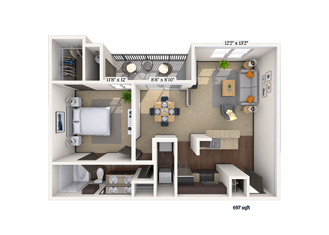 Floor plan for 1 bed, 1 bath, 697 sqft