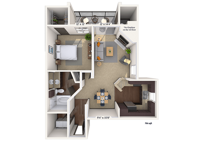 Floor plan for 1 bed, 1 bath, 786 sqft