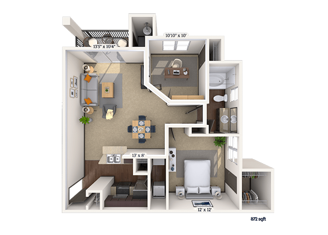 Floor plan for 1 bed, 1 bath, 872 sqft