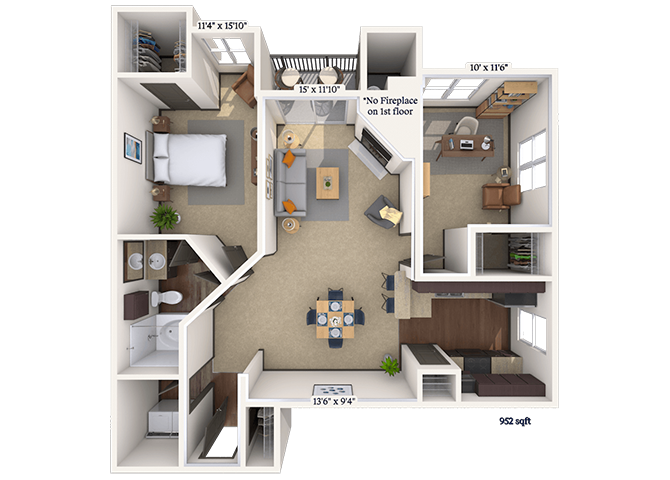 Floor plan for 1 bed, 1 bath, 952 sqft