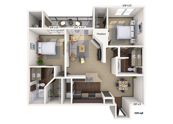 Floor plan for 2 beds, 2 baths, 1059 sqft