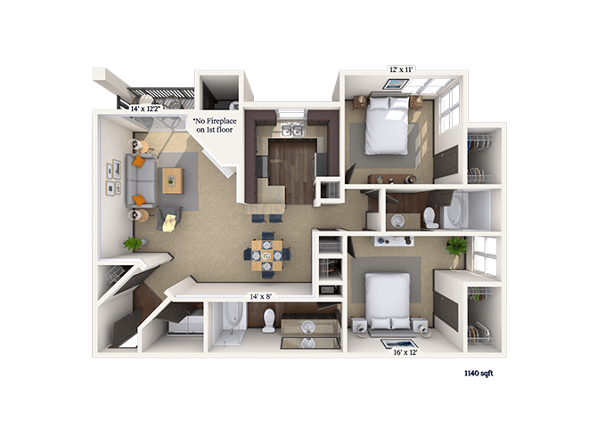 Floor plan for 2 beds, 2 baths, 1140 sqft