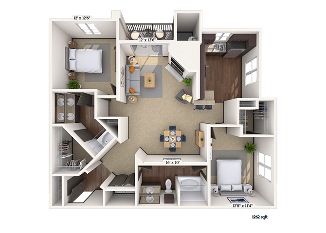Floor plan for 2 beds, 2 baths, 1262 sqft