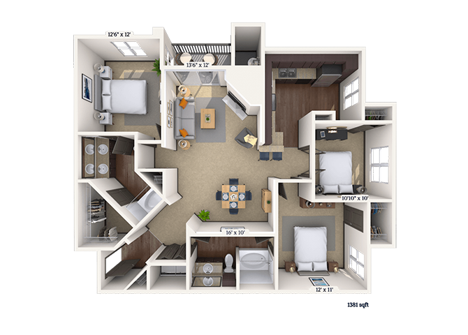 Floor plan for 3 beds, 2 baths, 1381 sqft