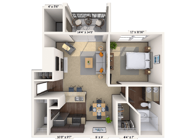 Floor plan for 1 bed, 1 bath, 692 sqft