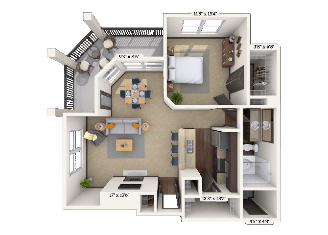 Floor plan for 1 bed, 1 bath, 761 sqft