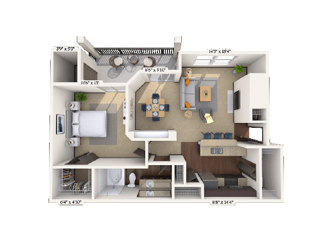 Floor plan for 1 bed, 1 bath, 785 sqft