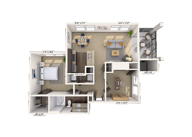 Floor plan for 1 bed, 1 bath, 912 sqft