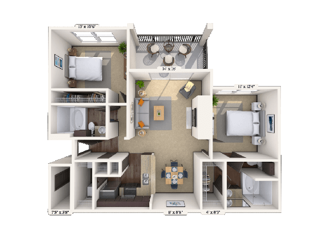 Floor plan for 2 beds, 2 baths, 990 sqft