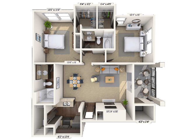 Floor plan for 2 beds, 2 baths, 1062 sqft