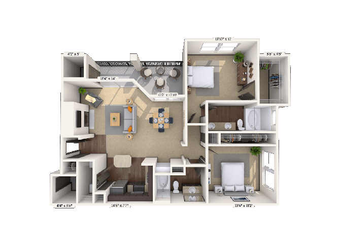 Floor plan for 2 beds, 2 baths, 1163 sqft