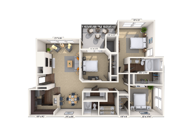 Floor plan for 3 beds, 2 baths, 1362 sqft