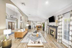 Round Rock apartment for rent - A living room with a fireplace and a TV mounted on the wall.