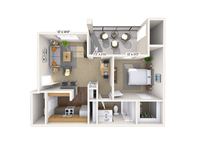 Floor plan for 1 bed, 1 bath, 652 sqft