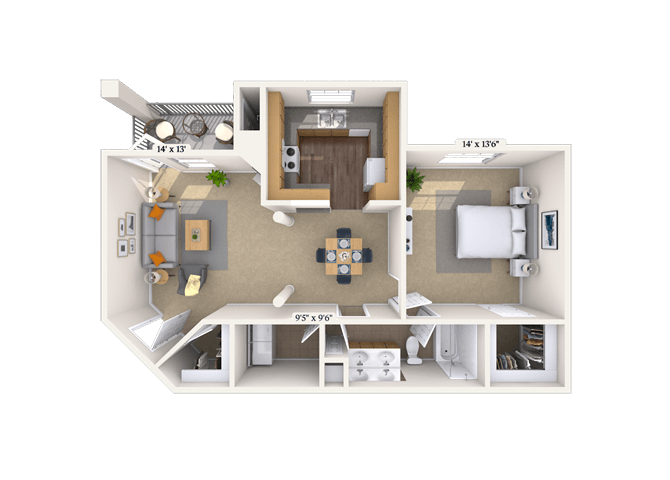 Floor plan for 1 bed, 1 bath, 850 sqft